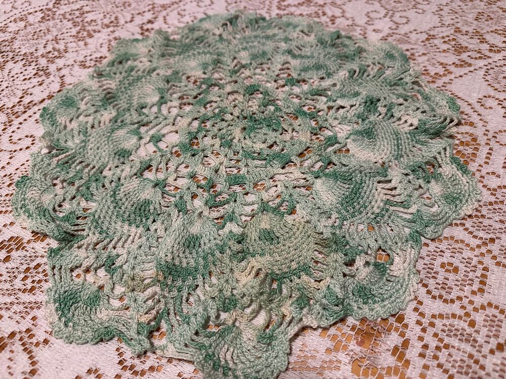 Vintage Crochet Doily Green Variegated Lace Round Table Topper 15” Cottagecore